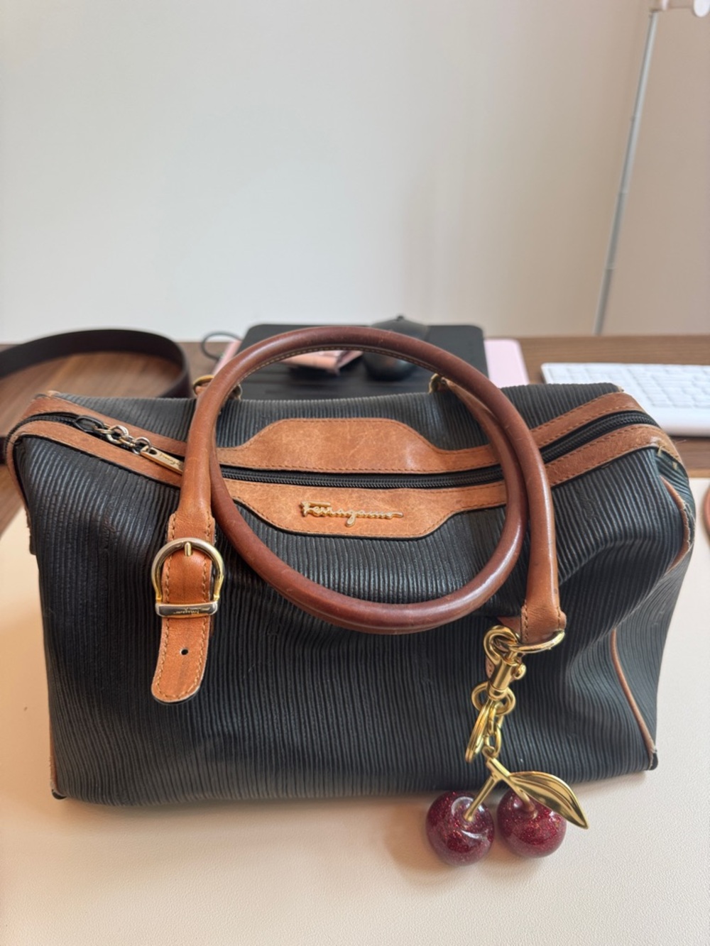Ferragamo Black Ribbed Satchel with Brown Leather Trim